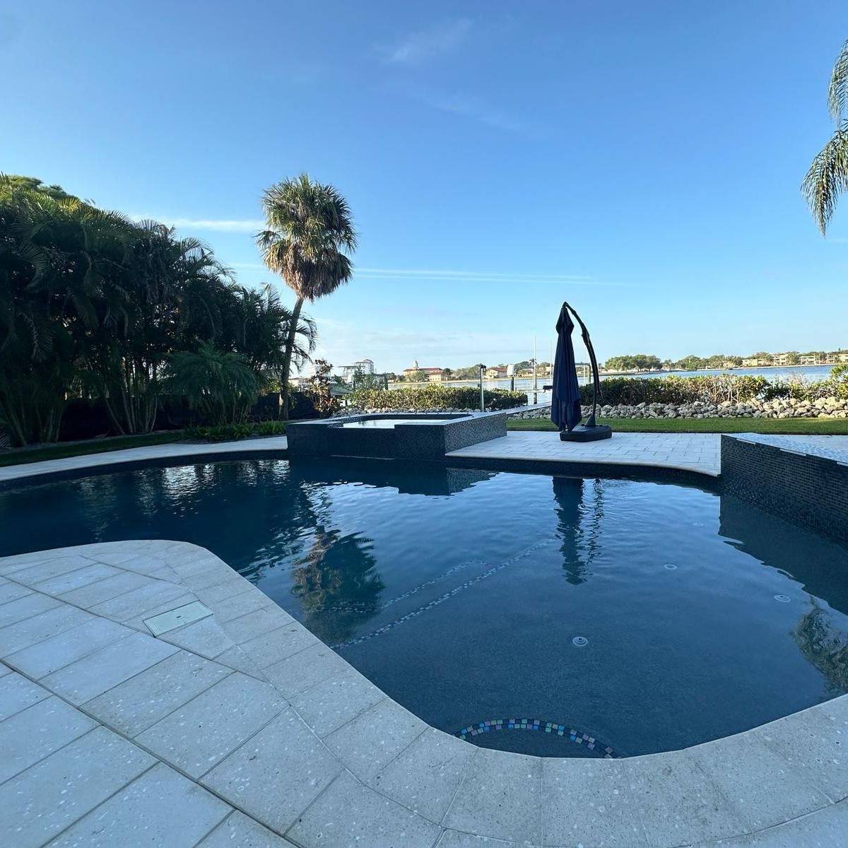 A large swimming pool with palm trees in the background