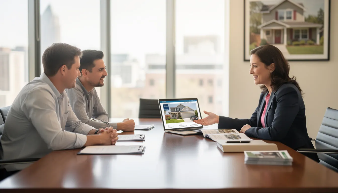 A first-time homebuyer meets with a real estate agent to discuss the home buying process, including financing options like conventional loans and FHA loans. They review important details such as down payment requirements, mortgage interest rates, and closing costs to make informed decisions about their first home purchase.