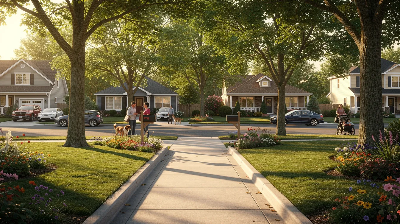 The image depicts a vibrant neighborhood with walkable streets adorned by mature trees and green yards, showcasing a friendly community atmosphere. Sidewalks invite pedestrians, emphasizing the charm of Warners, NY homes for sale in this picturesque setting.