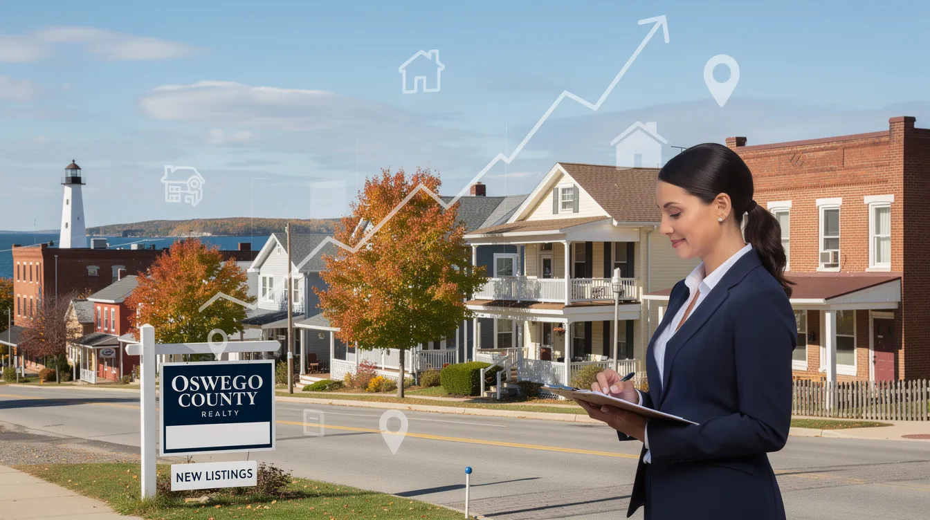 The image depicts a scenic view of Oswego County, New York, showcasing beautiful landscapes and real estate opportunities. It highlights the region's charm, perfect for potential buyers and real estate agents looking to connect with clients in the area.