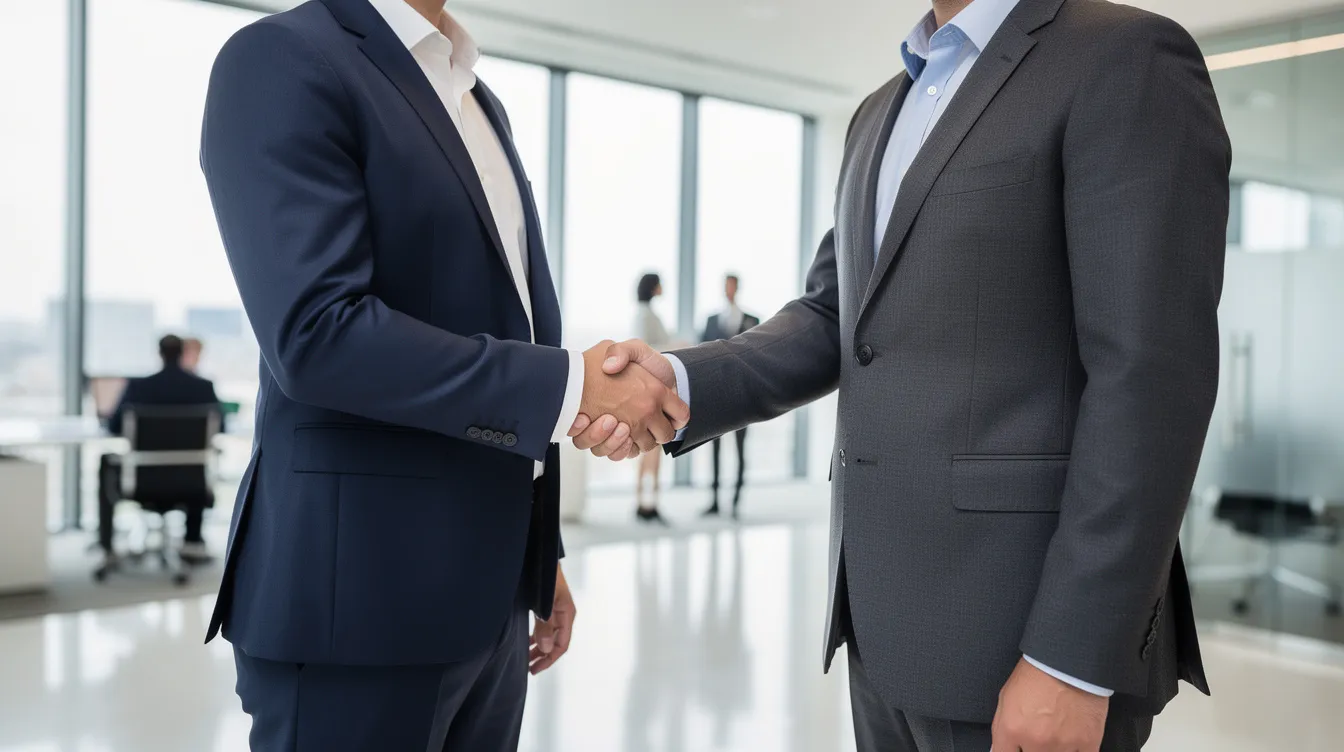 The image depicts a professional handshake between two individuals in a modern office setting, symbolizing collaboration and business success, particularly in the semiconductor industry. This moment reflects the values of teamwork and professional growth, essential to companies like Micron Technology, known for their innovative memory and storage solutions.