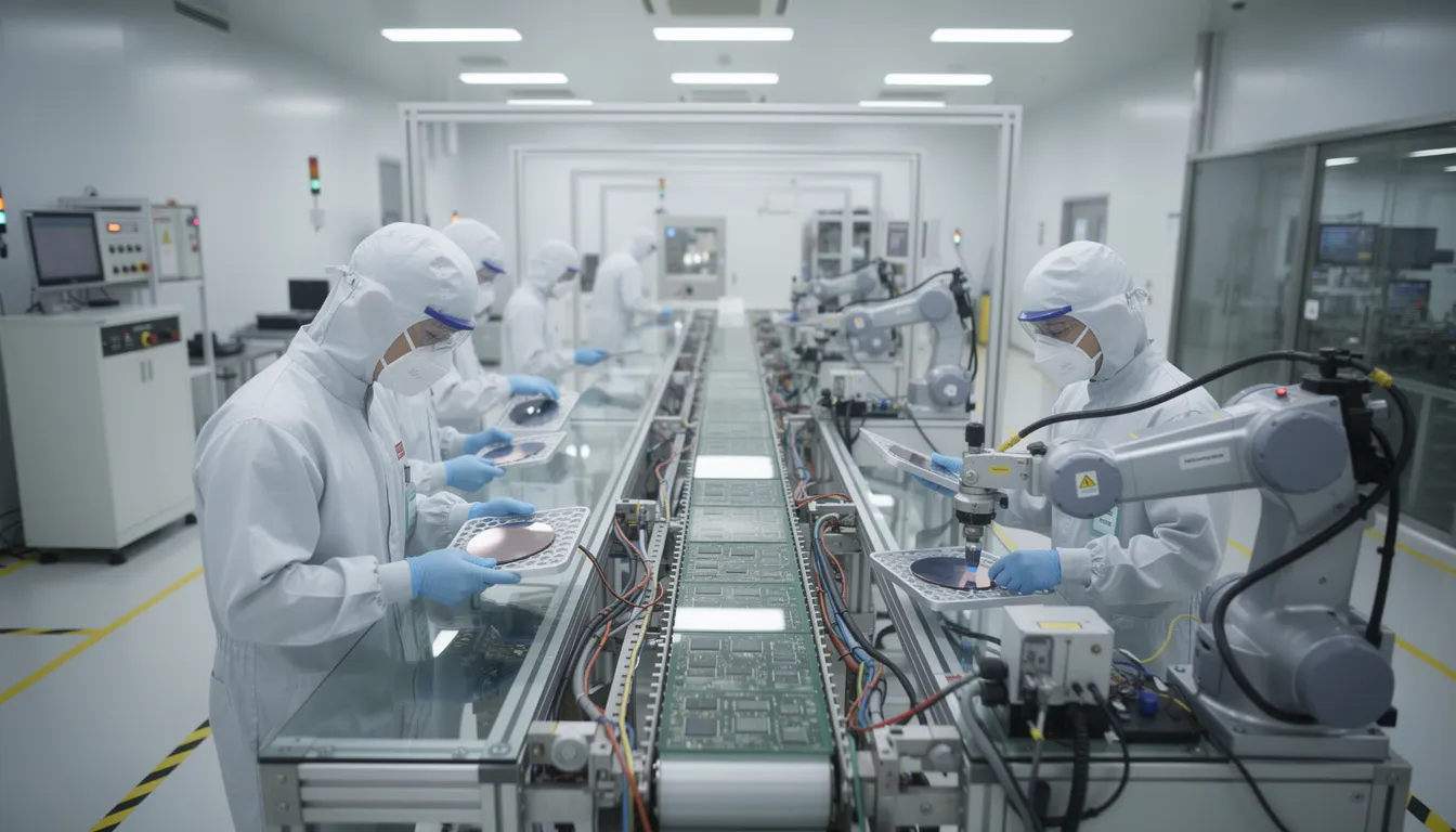 The image shows workers in a dust-free environment at a computer chip factory assembly line, focused on the intricate process of semiconductor manufacturing for Micron Technology. This facility, located in Central New York, represents a significant investment in the region's economy and the future of innovative memory production.