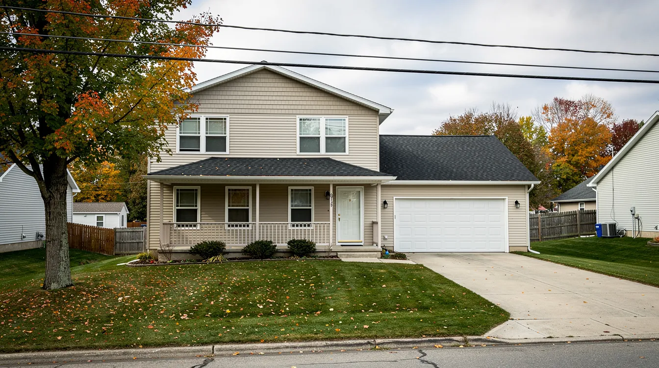 The image depicts a typical house in North Syracuse, NY, showcasing a charming two-story structure with a well-maintained lawn and a welcoming front porch. This scene represents the local real estate market, where cash home buyers can find opportunities for a hassle-free sale or a fair cash offer.