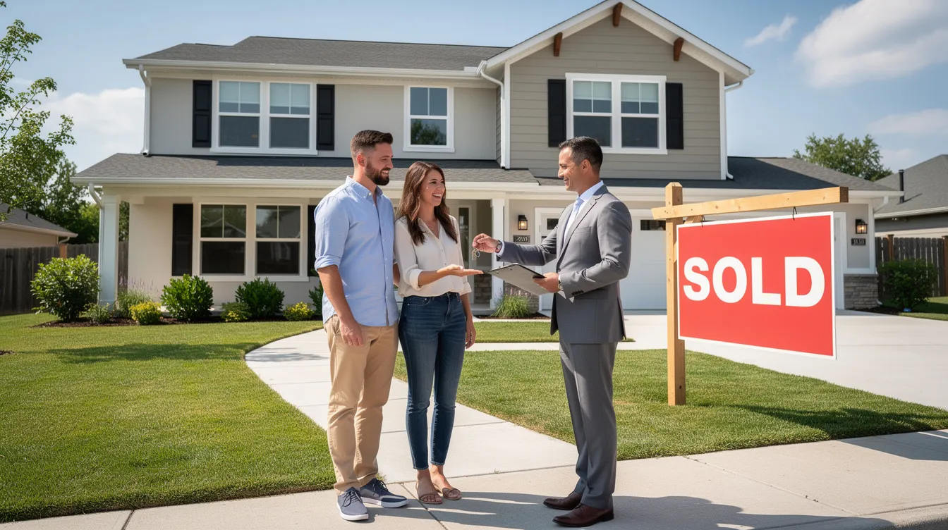 A happy couple stands in front of a house for sale, ready to take the keys from their realtor, with a 