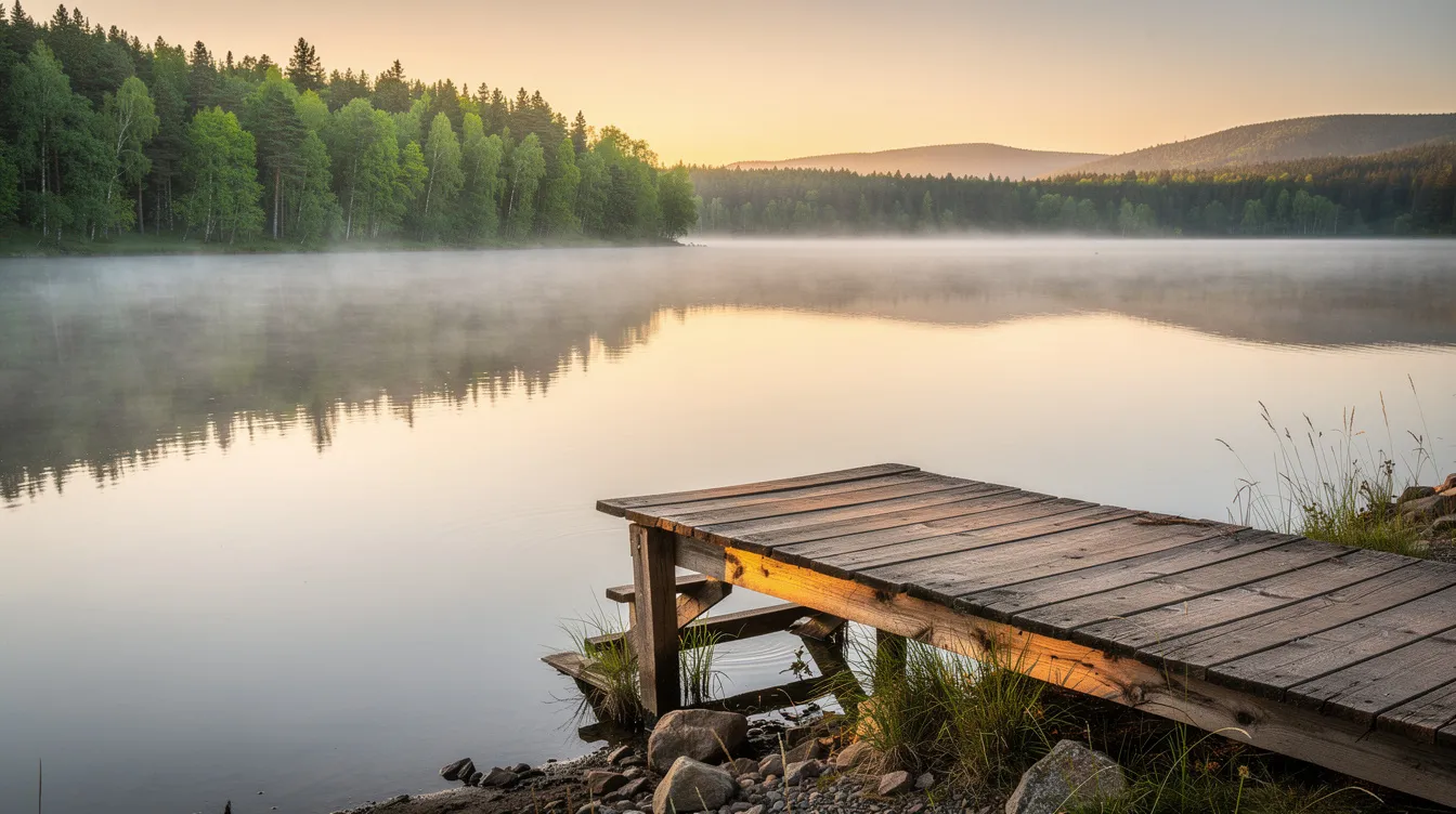 The image depicts a serene lakeside view featuring lush trees surrounding a wooden dock that extends into the calm water. This tranquil setting reflects the beauty of nature, offering a peaceful retreat for relaxation and contemplation.