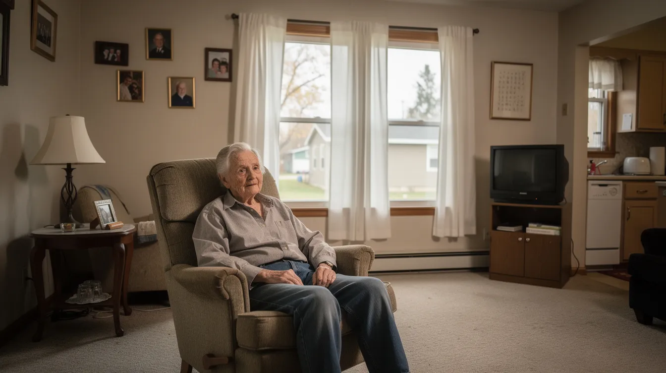 The image depicts a senior individual comfortably seated in their Mattydale home, enjoying the cozy environment that reflects independent living. The setting includes warm decor and personal touches, showcasing the charm of senior living in New York.