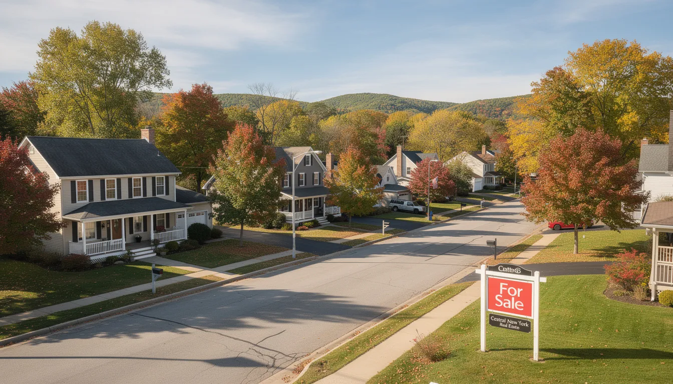 The image showcases a vibrant neighborhood in Central New York, highlighting various homes for sale in the Syracuse real estate market. It features a mix of properties with spacious garages and beautiful yards, inviting potential buyers to discover their next home in the area.