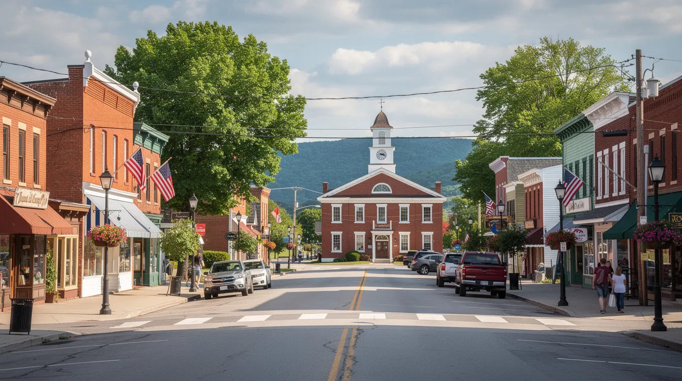 The image depicts a charming central New York town, showcasing quaint buildings and tree-lined streets that reflect a vibrant community atmosphere. This picturesque setting is ideal for families and adults seeking independent living options, with nearby cities offering additional real estate listings for sale.