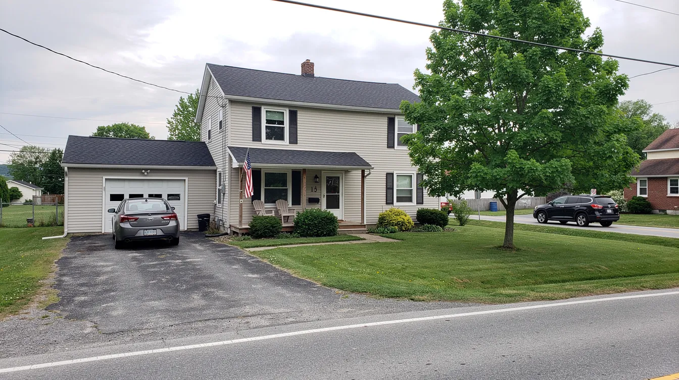 The image depicts a typical family home in Schroeppel, NY, showcasing a charming exterior with a well-maintained lawn and inviting front porch. This residence reflects the essence of homes for sale in the area, appealing to potential buyers exploring real estate listings.