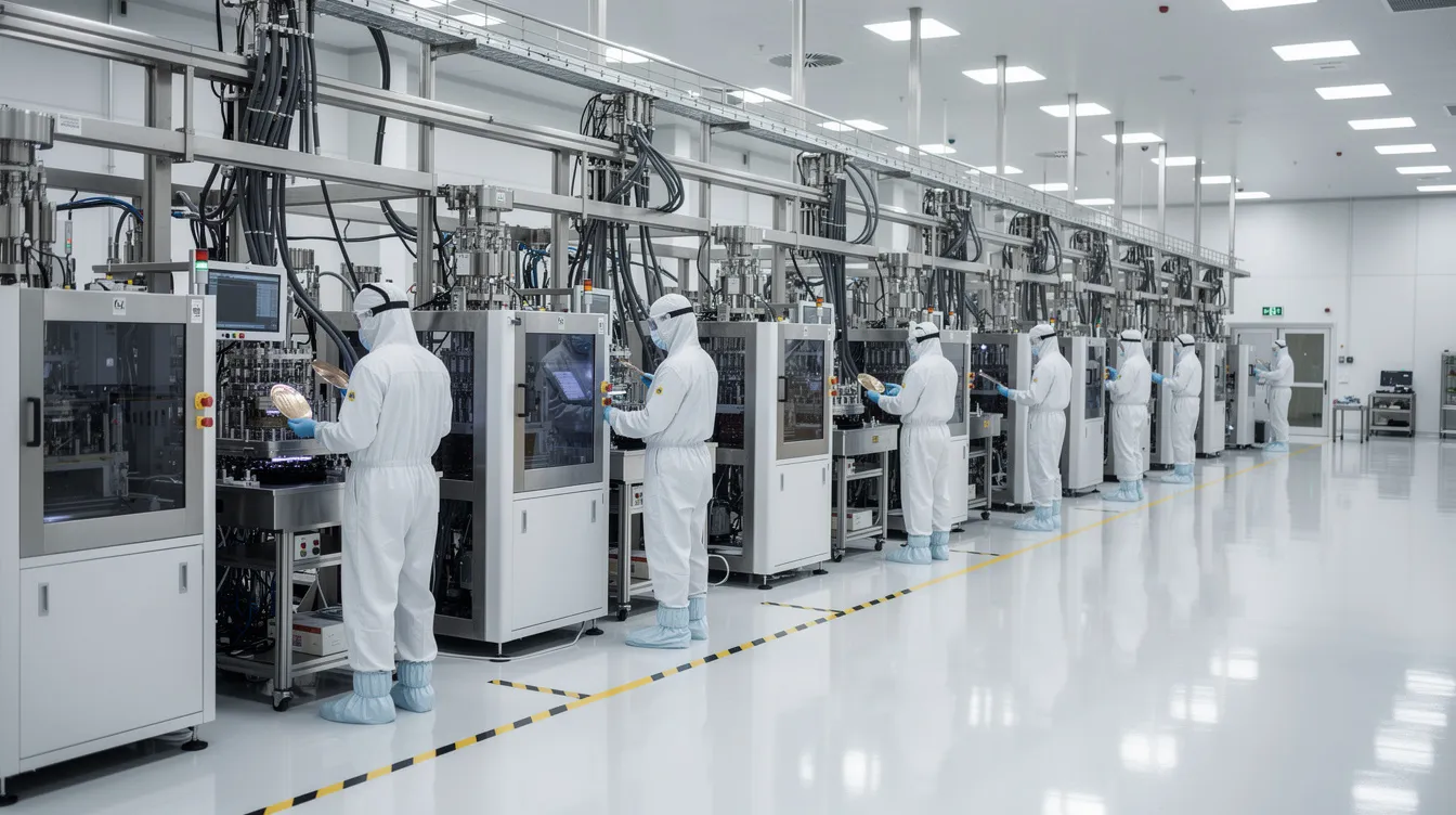 Technicians in white cleanroom suits operate industrial machinery in a brightly lit, modern manufacturing facility.