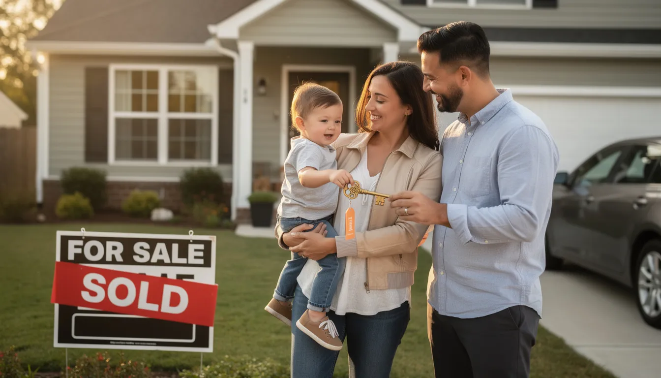 The image depicts a joyful family celebrating their first home purchase, surrounded by real estate agents who are guiding them through the home buying process. They are holding a