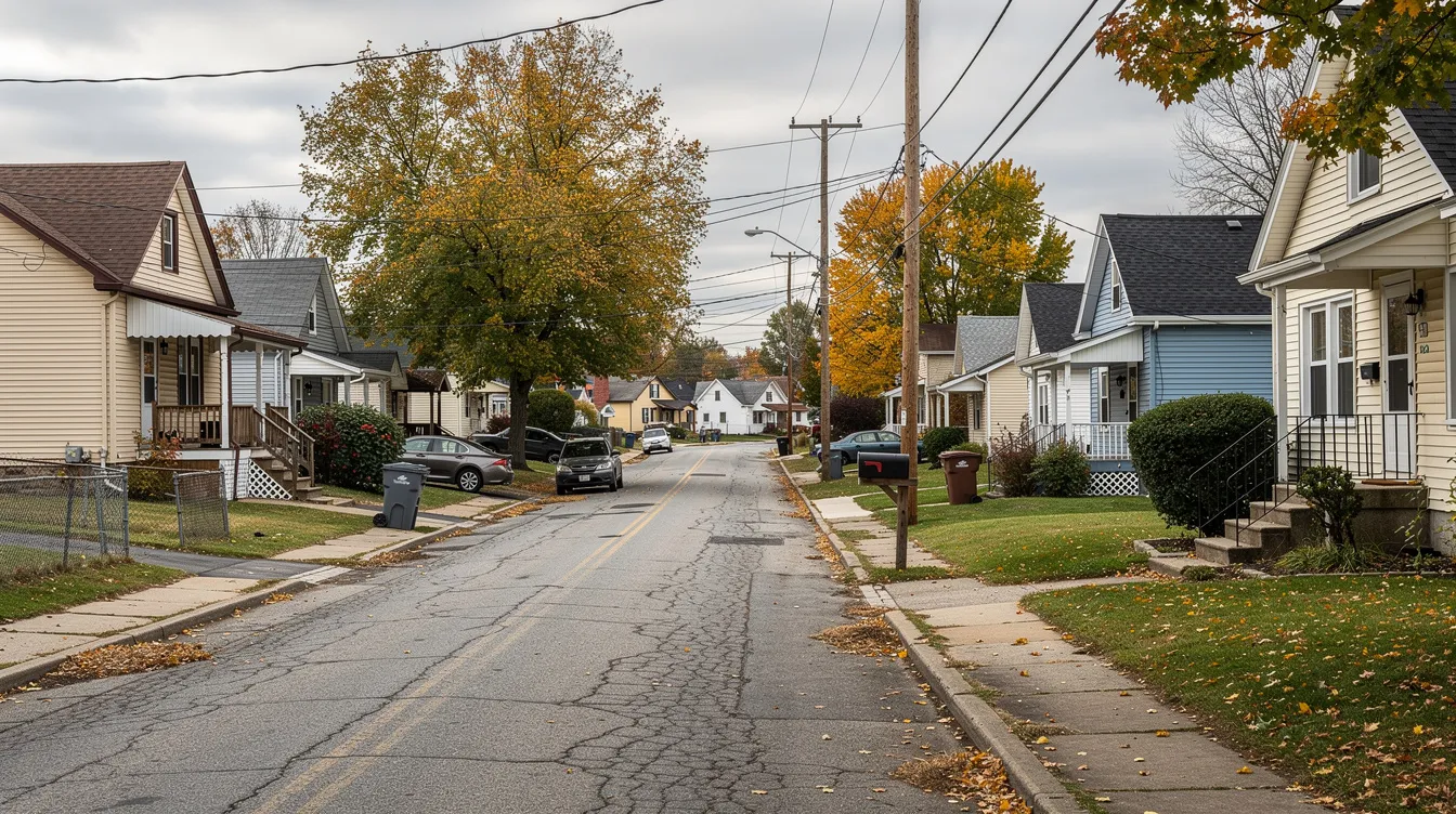 The image depicts a typical neighborhood in Mattydale, NY, showcasing charming single-family homes with well-maintained lawns and tree-lined streets. This residential area is ideal for potential investors and homebuyers, with various properties available for sale through local real estate agencies like Acropolis Realty Group LLC and Coldwell Banker Prime Prop.
