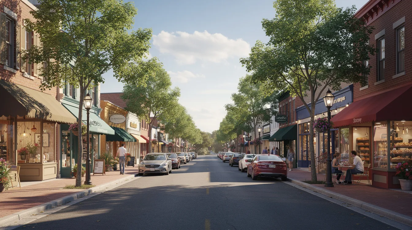 The image depicts a charming small-town main street lined with quaint shops and lush trees, creating a welcoming atmosphere for the local community. This picturesque scene reflects the essence of community life, reminiscent of locations where teams collaborate closely, like those at Micron Technology in places such as Boise, ID, and Manassas, VA.