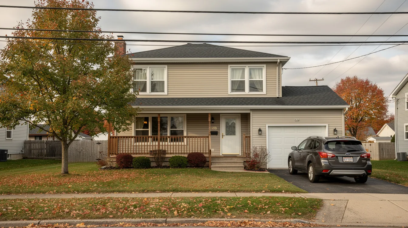 The image depicts a charming Syracuse family home, showcasing a well-maintained exterior with a welcoming front porch and a neatly manicured lawn. This typical house in Syracuse, NY, represents the ideal setting for families looking to buy houses in the area and highlights the local real estate market's appeal to potential buyers and cash home buyers.