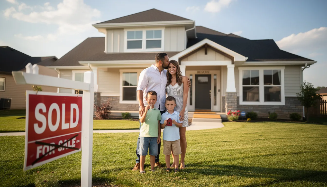 A happy family stands in front of a sold single-family home, with a prominent 
