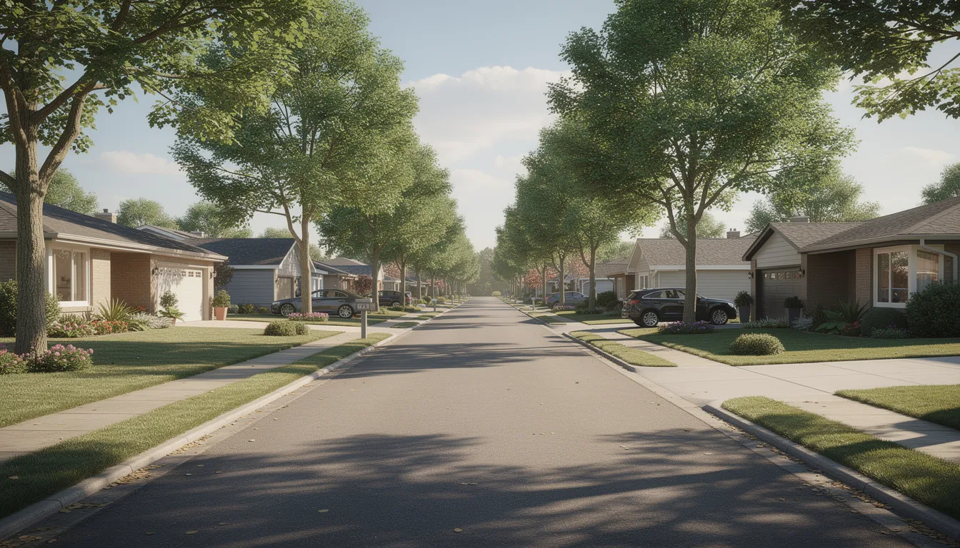 The image depicts a peaceful tree-lined suburban street featuring single-family ranch homes with well-maintained lawns, ideal for families seeking homes for sale in Salina, NY. The scene is serene, with oak trees providing shade along the road, enhancing the neighborhood's charm.