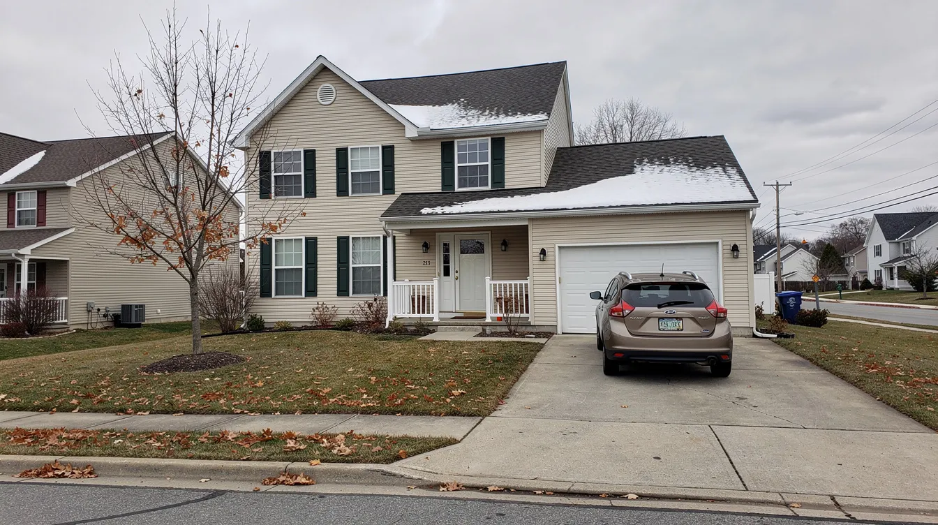 The image depicts a charming suburban home in Syracuse, NY, nestled within a tree-lined neighborhood. The house features a well-maintained lawn and is surrounded by other residential properties, highlighting the community's inviting atmosphere.