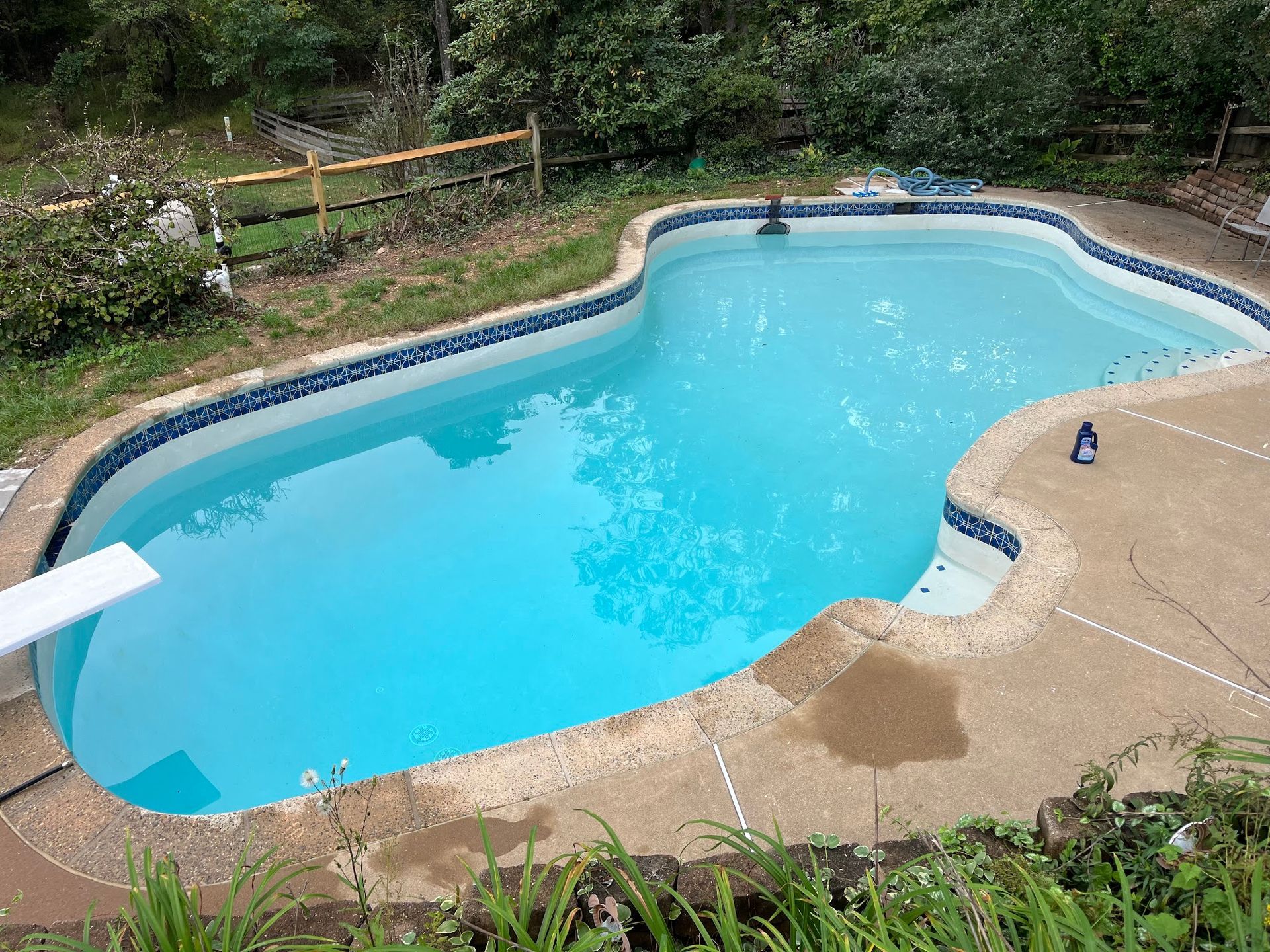 Pool filled with blue water, concrete surround, diving board. Trees in the background.