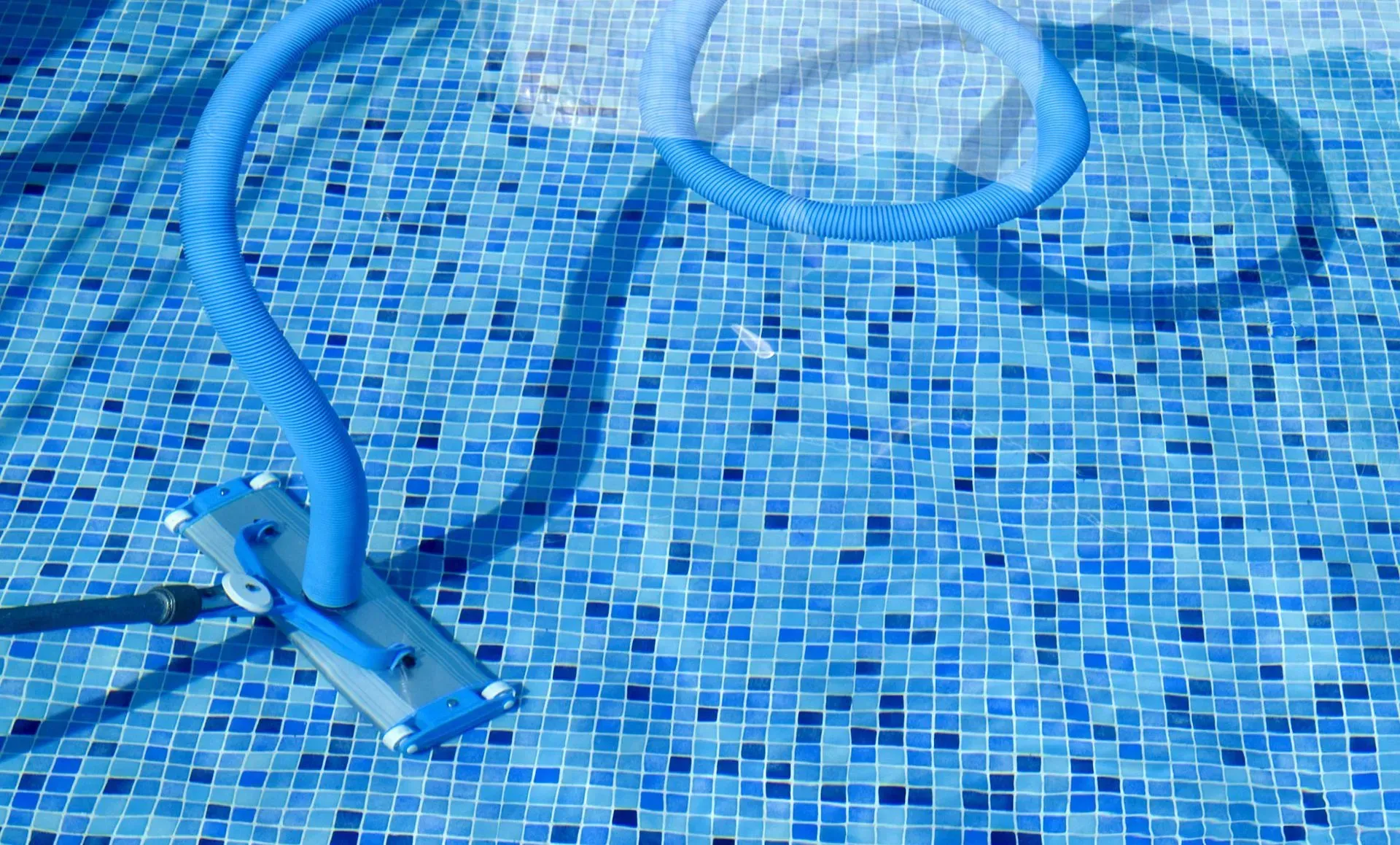 Blue pool vacuum cleaning a tile-lined swimming pool.