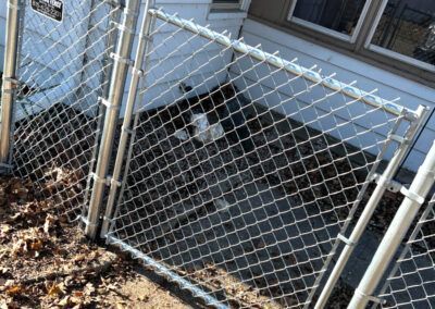 A dog is behind a chain link fence in front of a house.