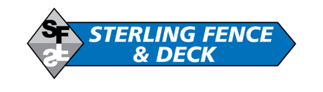 The logo for sterling fence and deck is blue and white