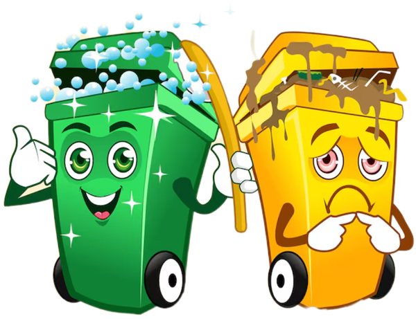 Clean green trash can gives a thumbs up next to a sad, dirty yellow trash can.