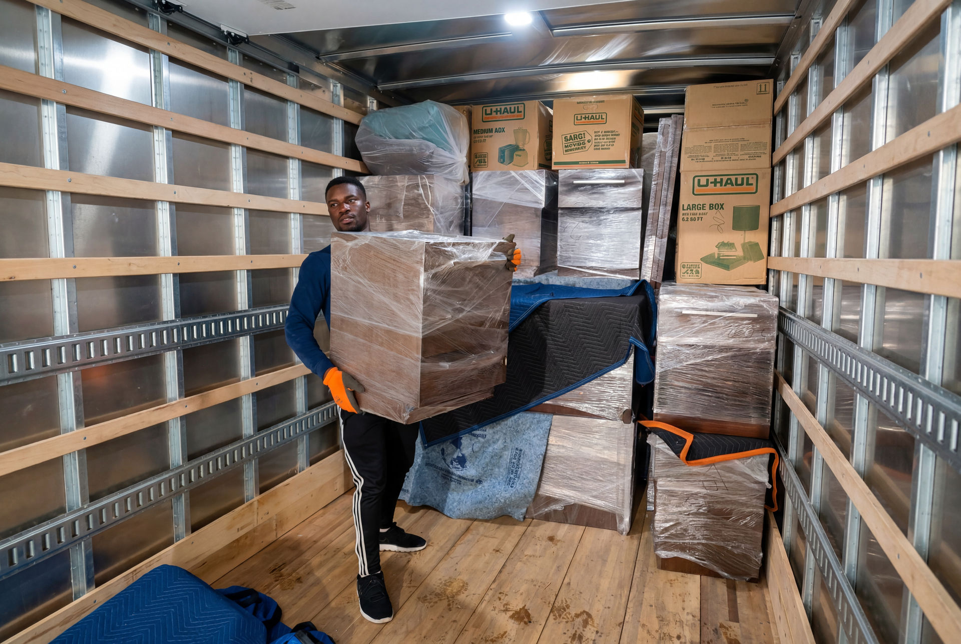 Man carrying a wrapped box in a moving truck filled with packaged furniture.