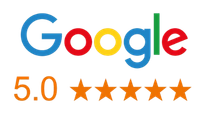 Google logo with 5.0 rating and five orange stars