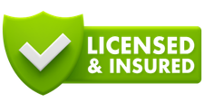 Green shield and banner icon with white checkmark and the words “Licensed & Insured”