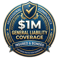 Blue and gold badge reading “$1M General Liability Coverage,” “Insured & Bonded,” and “Customer Protection Guarantee”