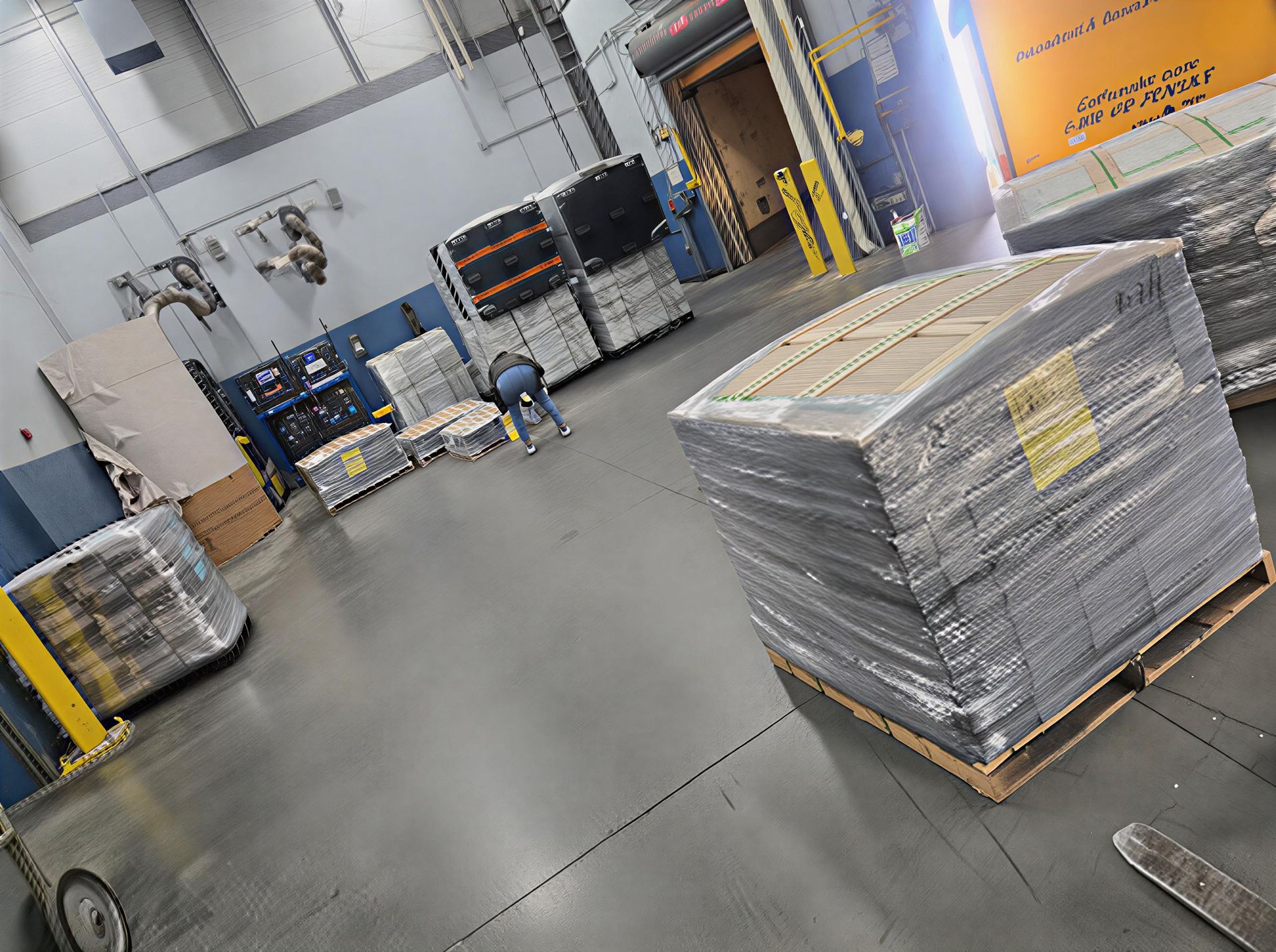 Warehouse interior with pallets of wrapped packages. Gray floor, blue and white walls, loading dock.
