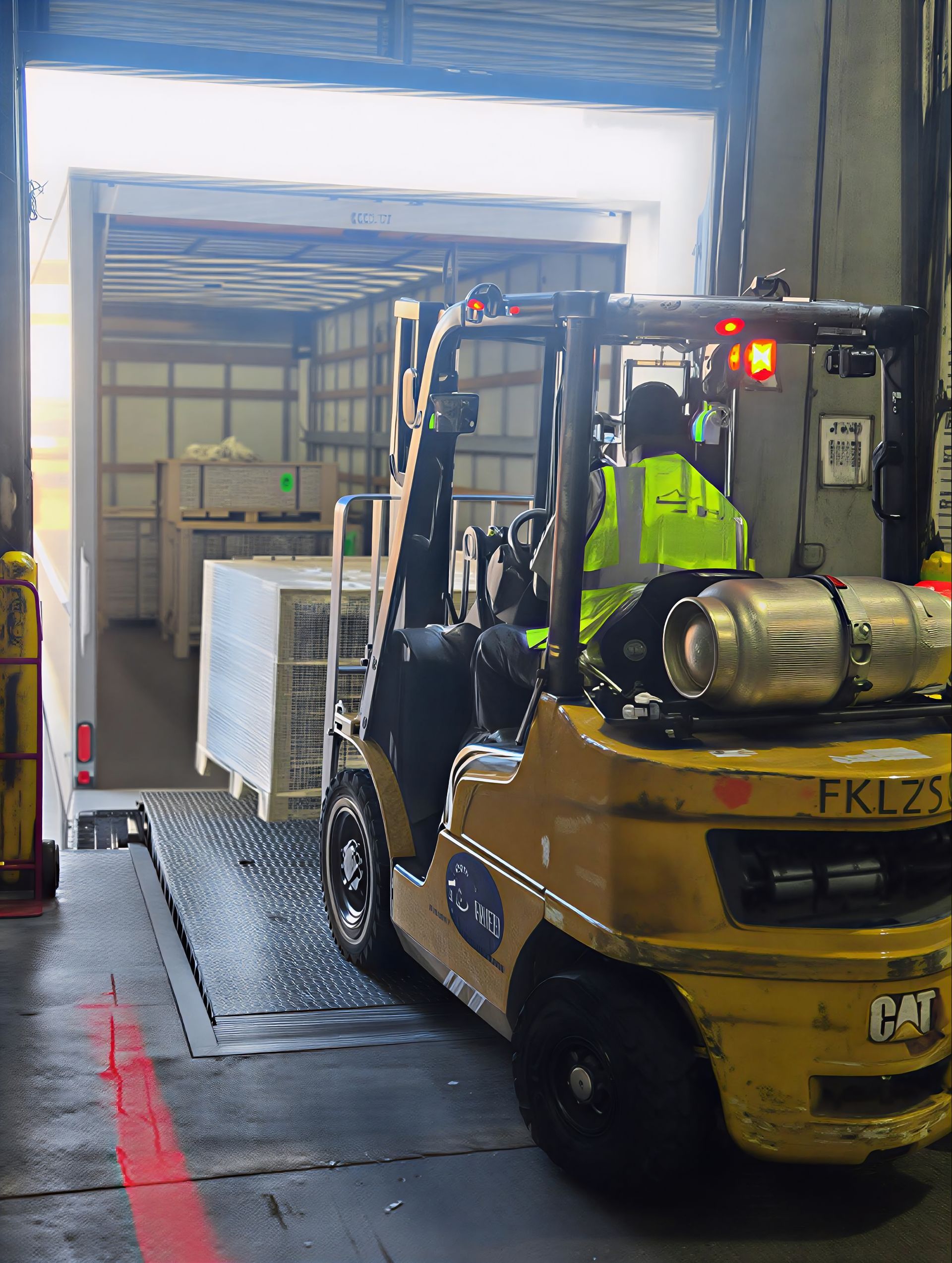Yellow forklift loading a pallet into a truck from a loading dock. Operator wears a reflective vest.