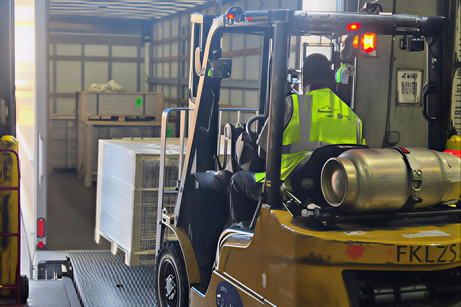 Yellow forklift loading a pallet of white crates into a truck at a loading dock.
