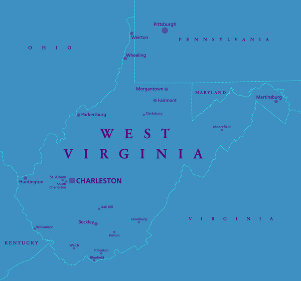 A map of West Virginia, showing its borders, neighboring states, major cities, and the state capital, Charleston.