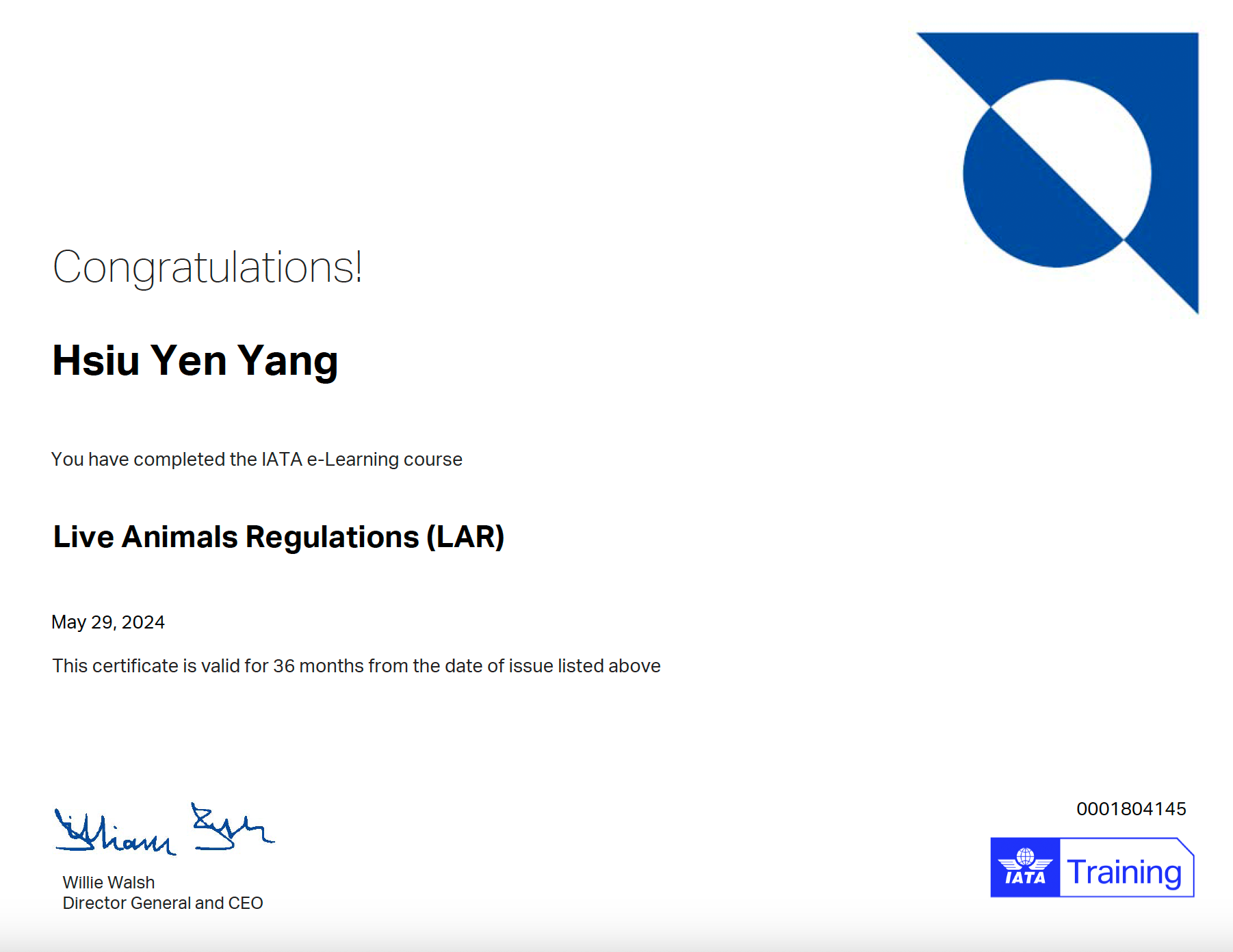 IATA 國際航空運輸協會專業證照 - 寵郵國際嚴格遵循國際航空寵物運輸安全標準