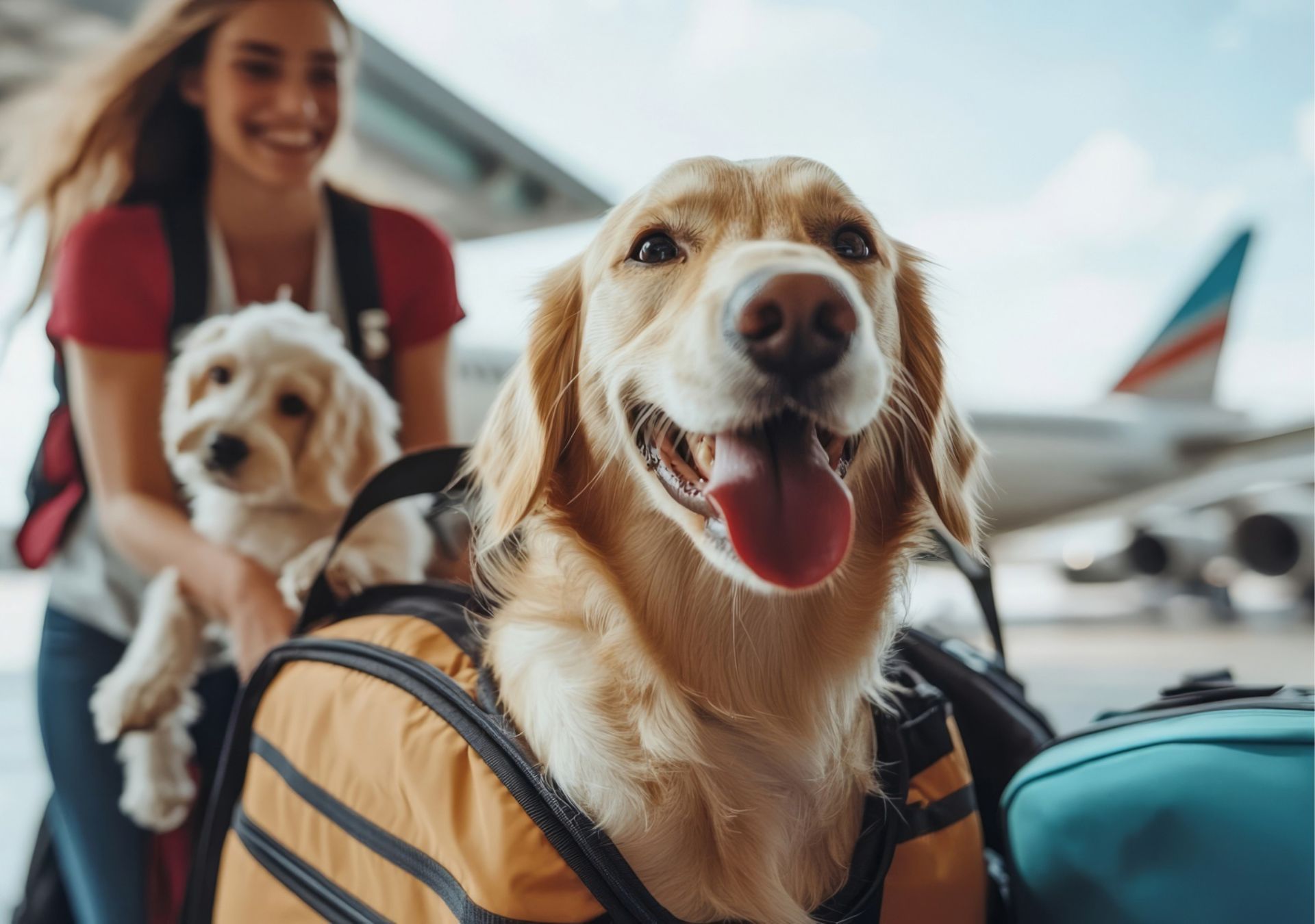 寵物出國全程規劃服務意象－黃金獵犬於航空運輸場域，象徵寵物出國前的航線安排、文件規畫與跨部門流程協調。