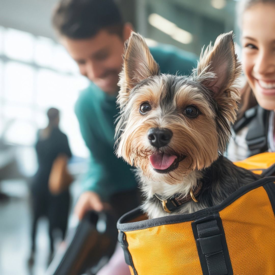 小型犬寵物出國準備意象－約克夏於機場大廳候機，呈現出國前的運輸籠適應、文件檢查與各國進口許可規劃。
