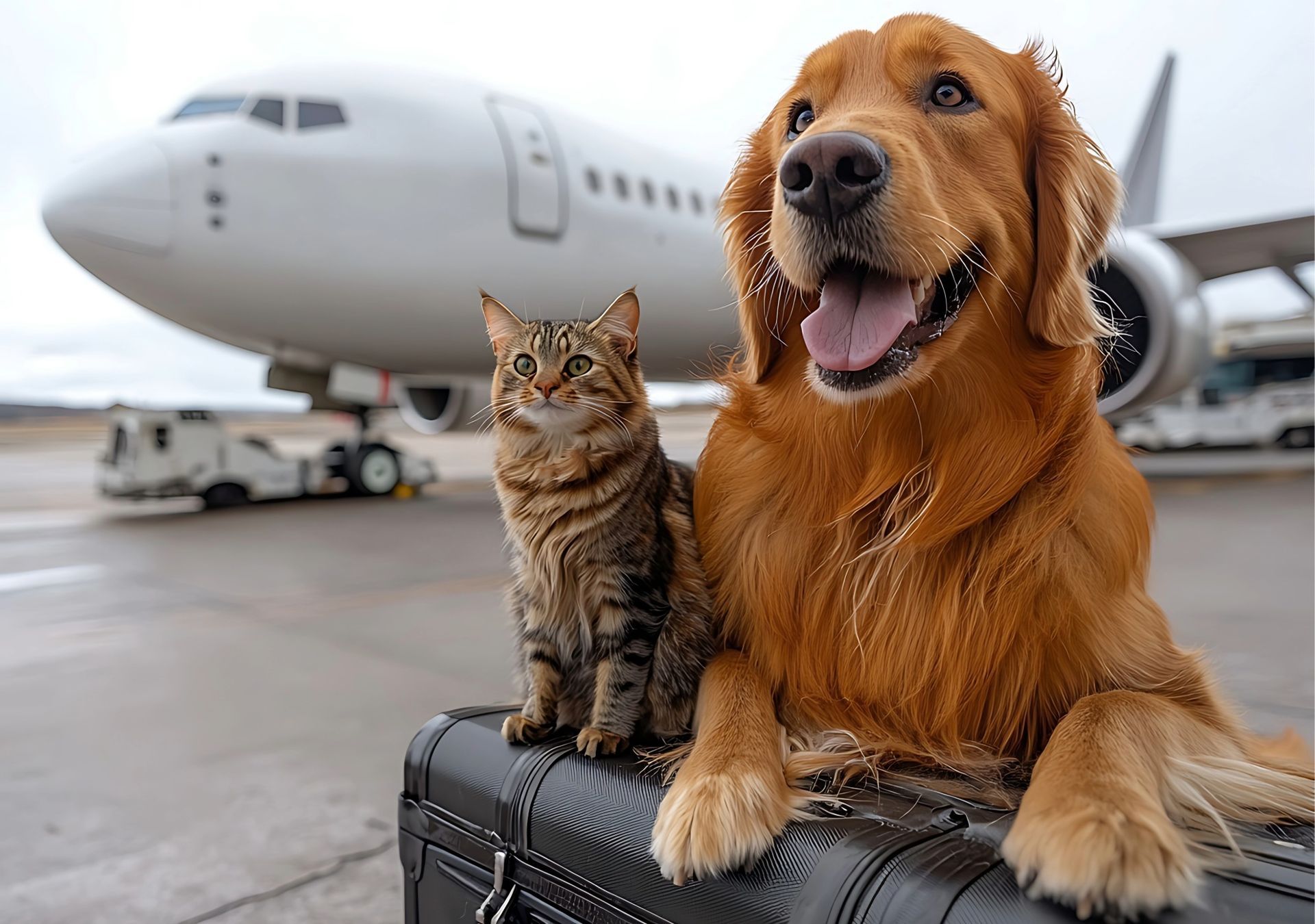 寵物搭機與運輸方式意象－黃金獵犬與貓咪於飛機前，象徵寵物出國時，對行李托運、貨運訂艙與航空公司運輸規範所進行的整合性諮詢與規畫。