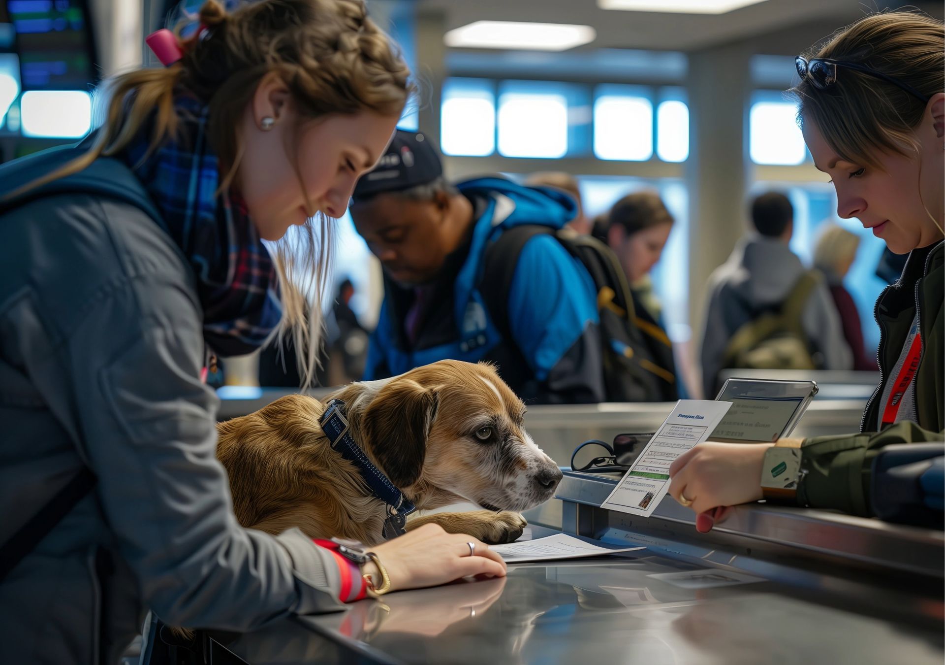 寵物出國全方位流程支援意象－米克斯犬與櫃檯文件核對，呈現飼主遠端委託、文件格式確認與官方規範對接之技術細節討論。