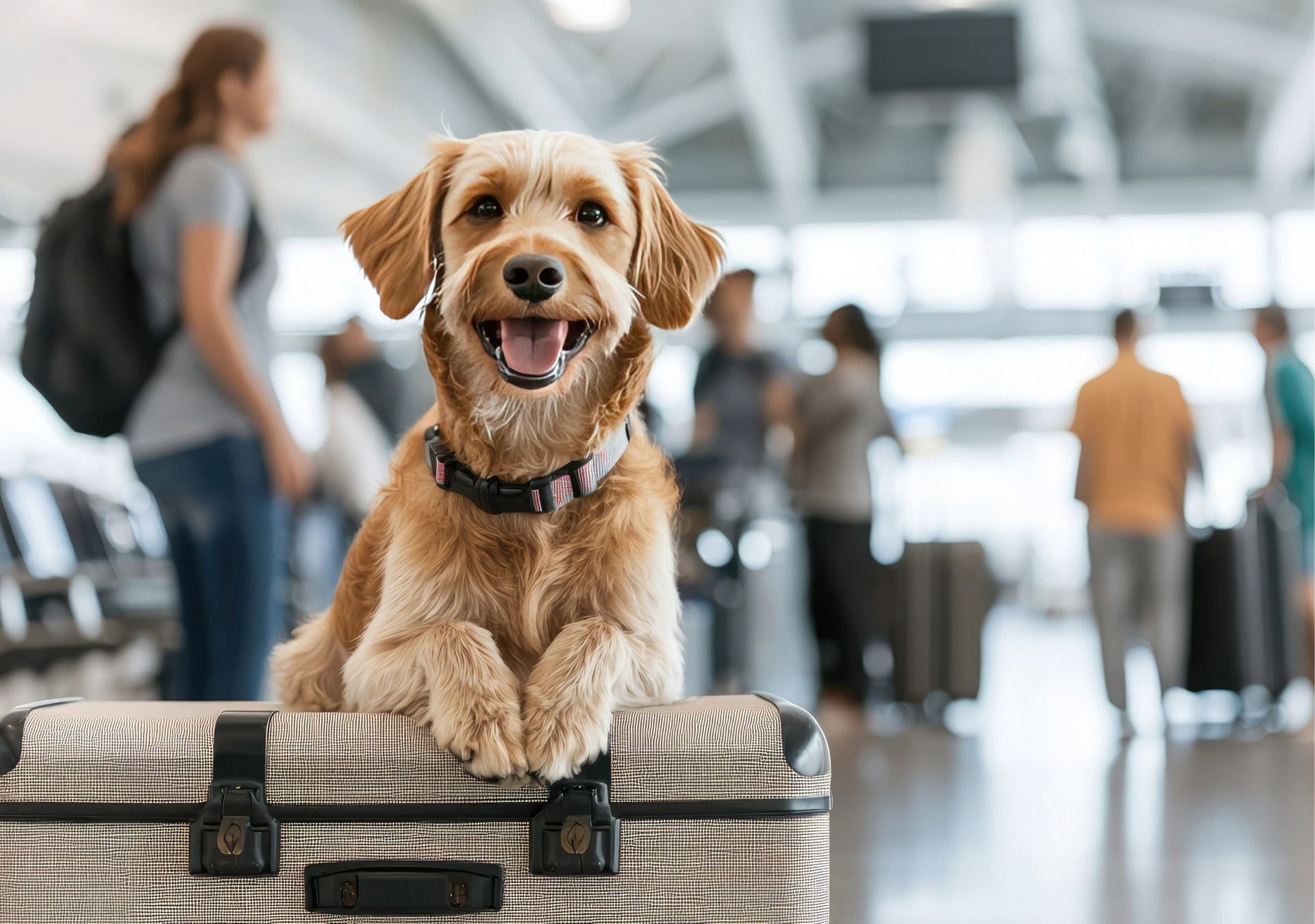寵物接送與運輸籠服務意象－犬隻於機場行李箱旁等候，象徵寵物出國準備過程中，對檢疫抽血接送、運輸籠合規確認與貨運籠型代訂等事項所進行的整體規畫與協調。