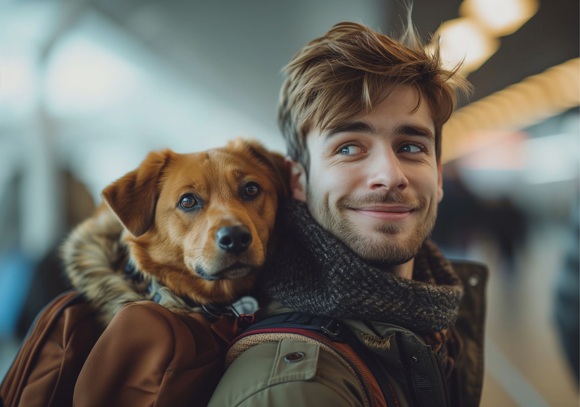 寵物一站式出國服務意象－飼主背負中型犬於旅途中，象徵寵物出國過程中，對血清抗體檢測、出口報關與各國入境清關等流程所進行的整體時程規畫與協調。