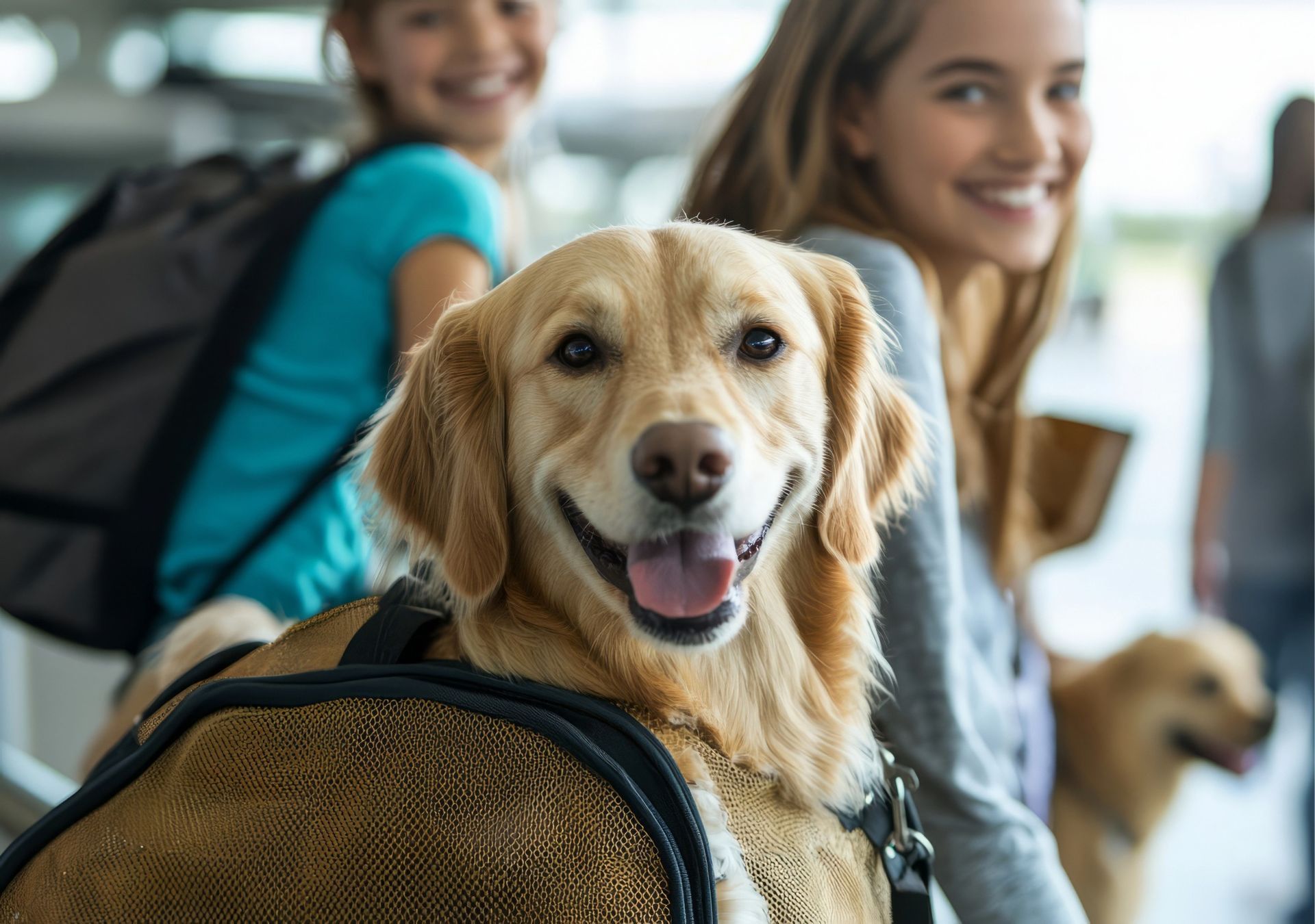 多次短期出國寵物同行服務意象，畫面呈現寵物與家庭於機場準備出發的情境，象徵針對一年內頻繁往返日本、韓國、美國之行程規畫、重複流程整合與跨國旅遊時程管理。