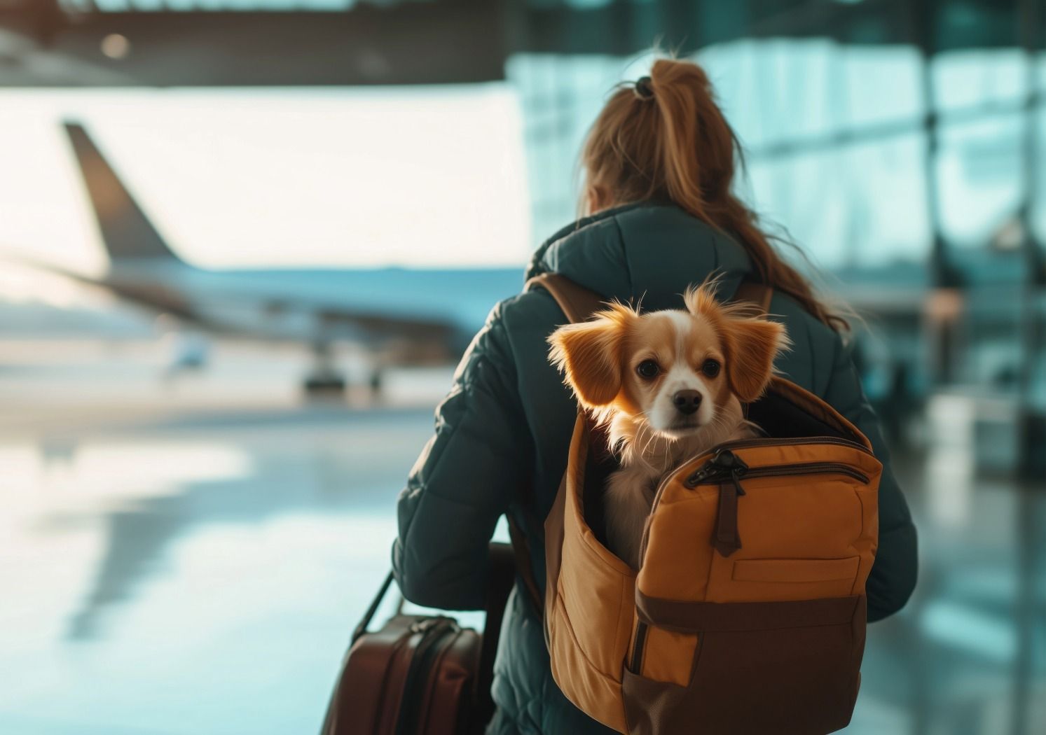 寵物移居高門檻國家經驗意象－女子背負小型犬面向停機坪，呈現針對澳洲、新加坡與紐西蘭等高規範國家所進行的入境條件評估、文件審核與流程控管經驗。