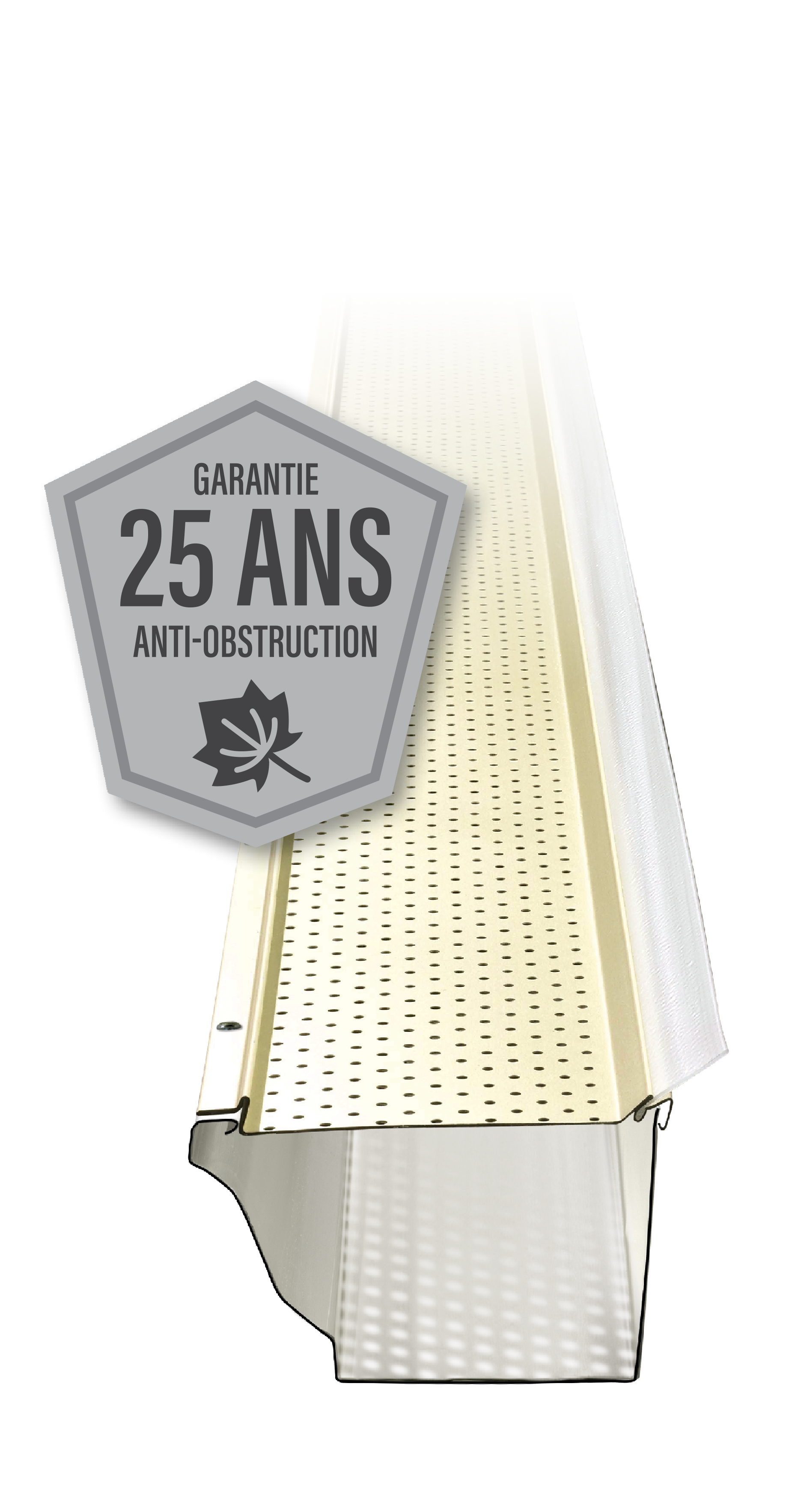 Une photo d'une gouttière avec une garantie de 25 ans.