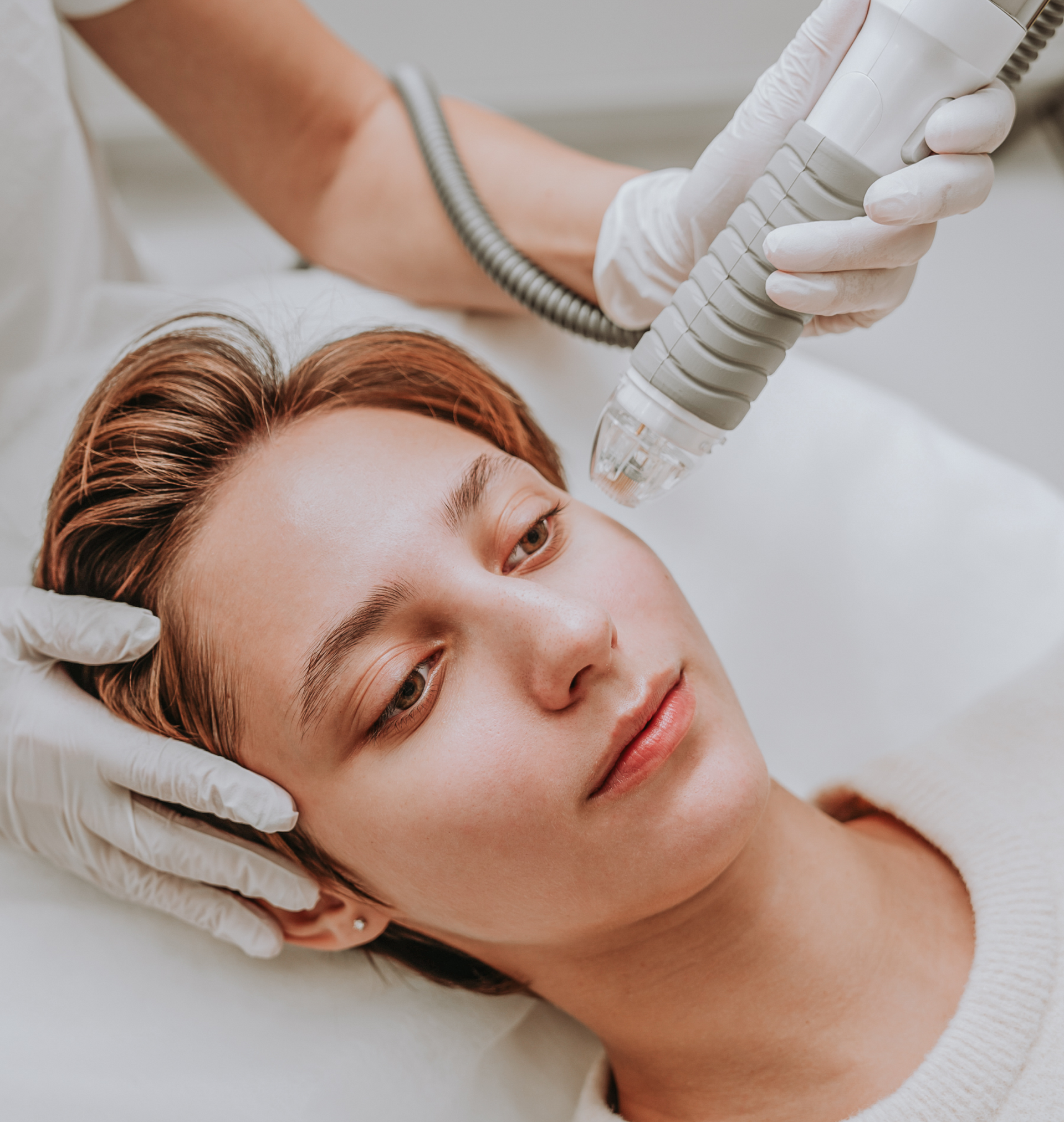 Eine Frau bekommt eine Laserbehandlung im Gesicht.