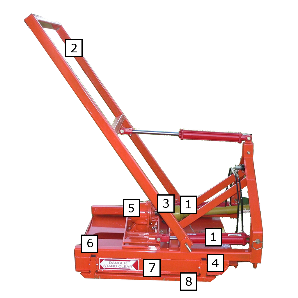 Orange agricultural machine with numbered components on a white background.