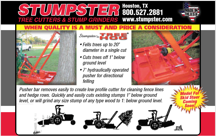 Advertisement for Stumpster tree cutters and stump grinders.  Shows their product, features, and contact information.