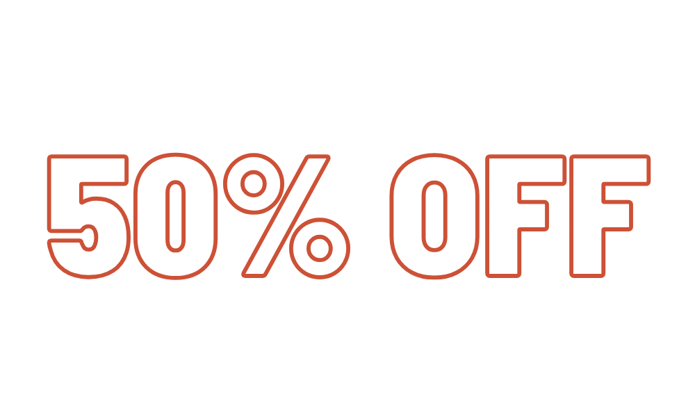50% OFF in orange outlined text on a white background.