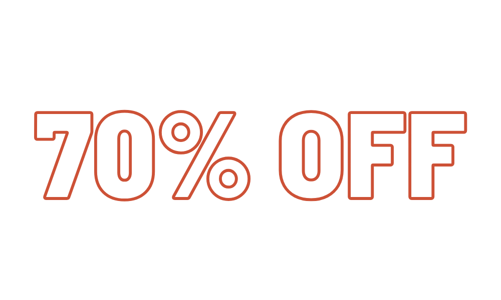 70% OFF in orange outlined font on a white background.