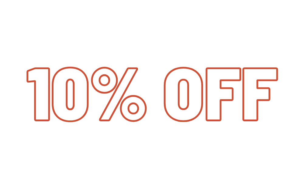 10% OFF, orange outline text on a white background.